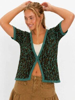 Moi Moi Leopard Print Short Sleeve Cardigan Knit Top - Size L